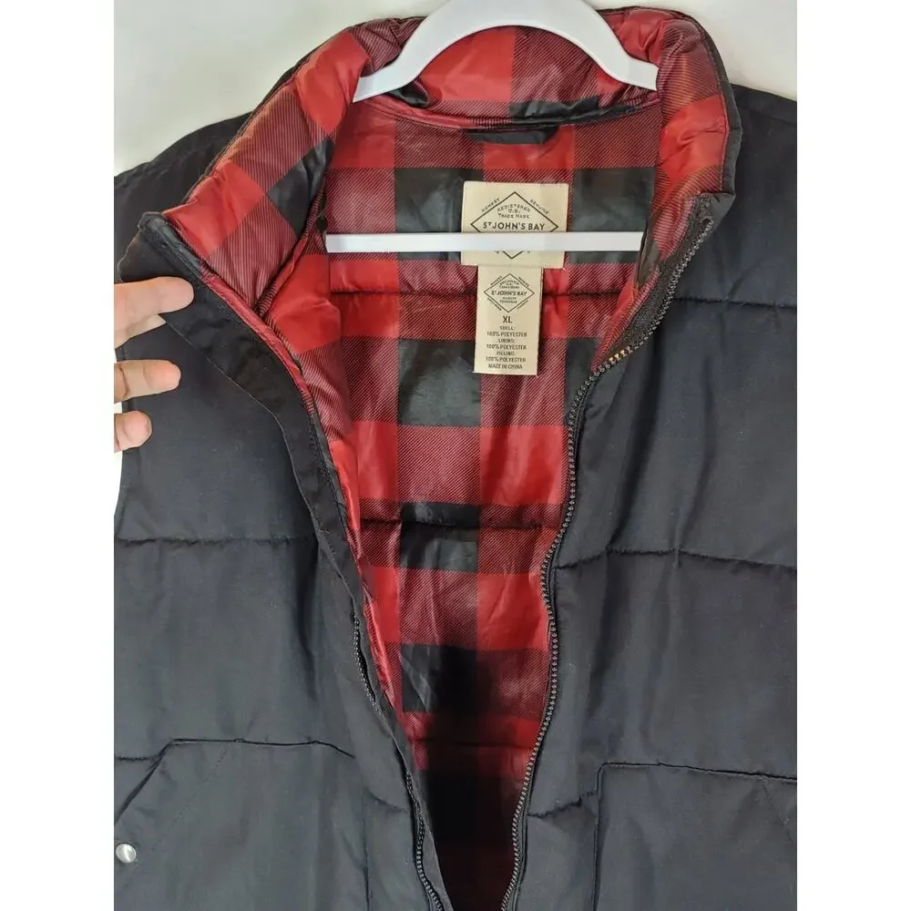 VTG Black ST JOHN'S BAY Zip Front Puffer Vest Red Buffalo Plaid Lining Men's XL
